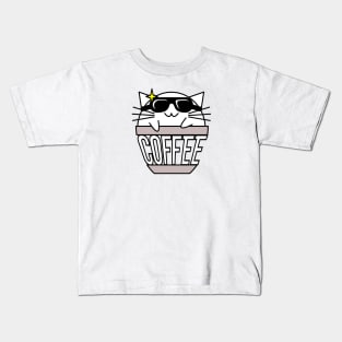 Cool cat in coffee cup with warped text swearing sunglasses Kids T-Shirt